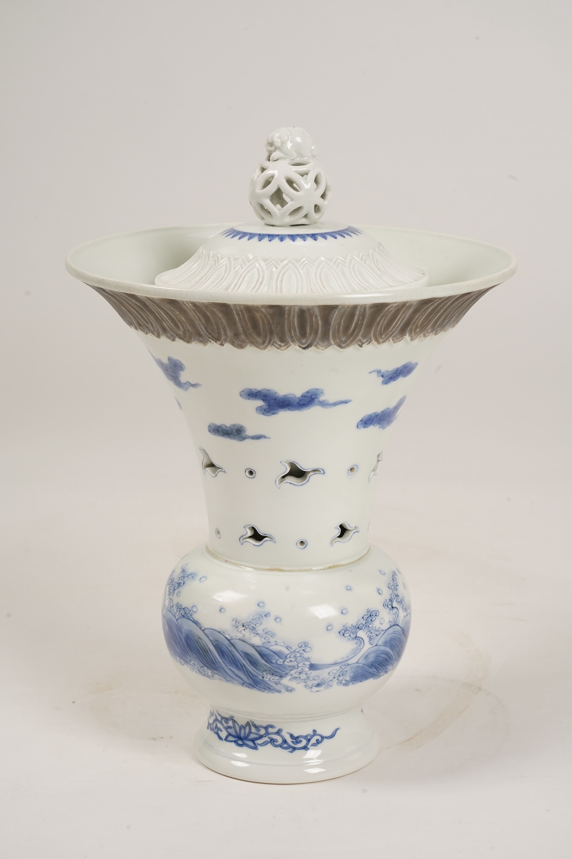 A large Japanese Hirado double walled blue and white vase and cover, 19th century